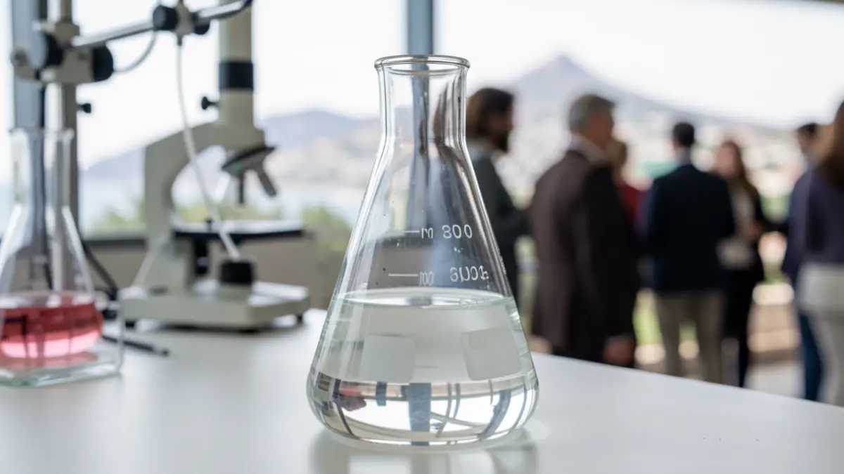 Generic image of a laboratory flask with liquid, blurred scientific equipment, and a Canary Islands landscape in the background.
