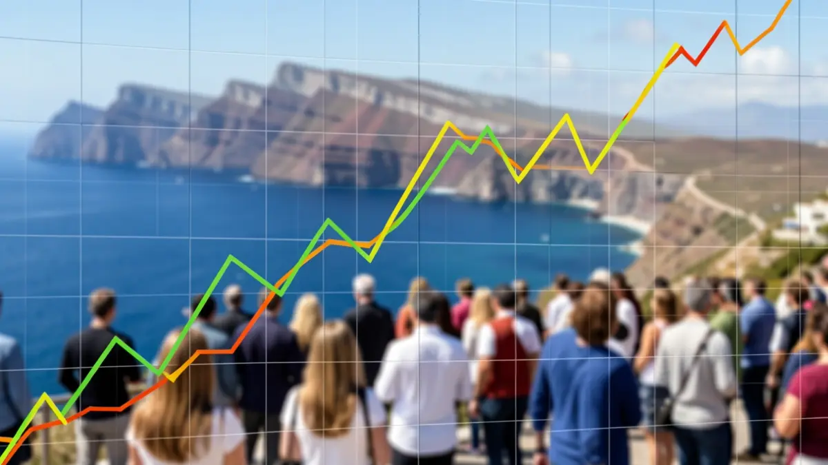 Financial graph with rising and falling lines over a Canary Islands landscape.
