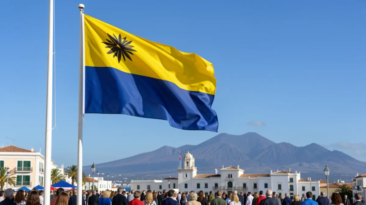 Bandera de Canarias ondeando con montañas volcánicas al fondo.