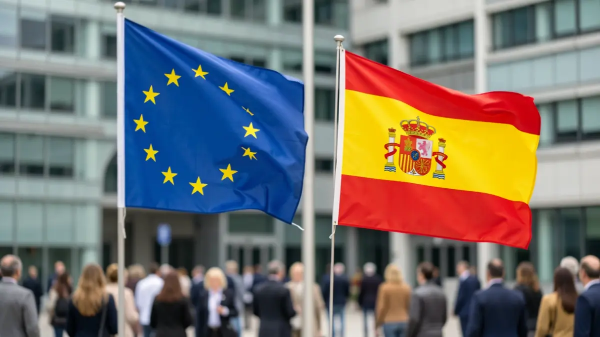 Spanish and European Union flags in front of an institutional building.