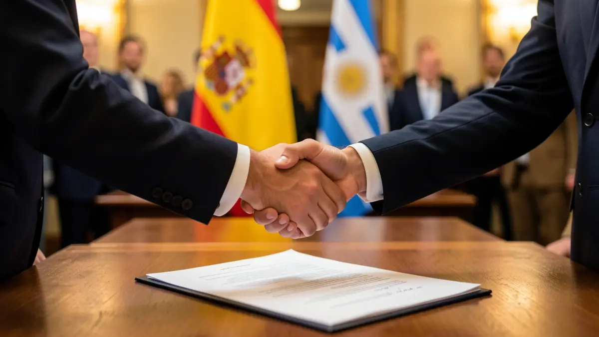 Manos estrechándose sobre un documento, con banderas de España y Uruguay al fondo.