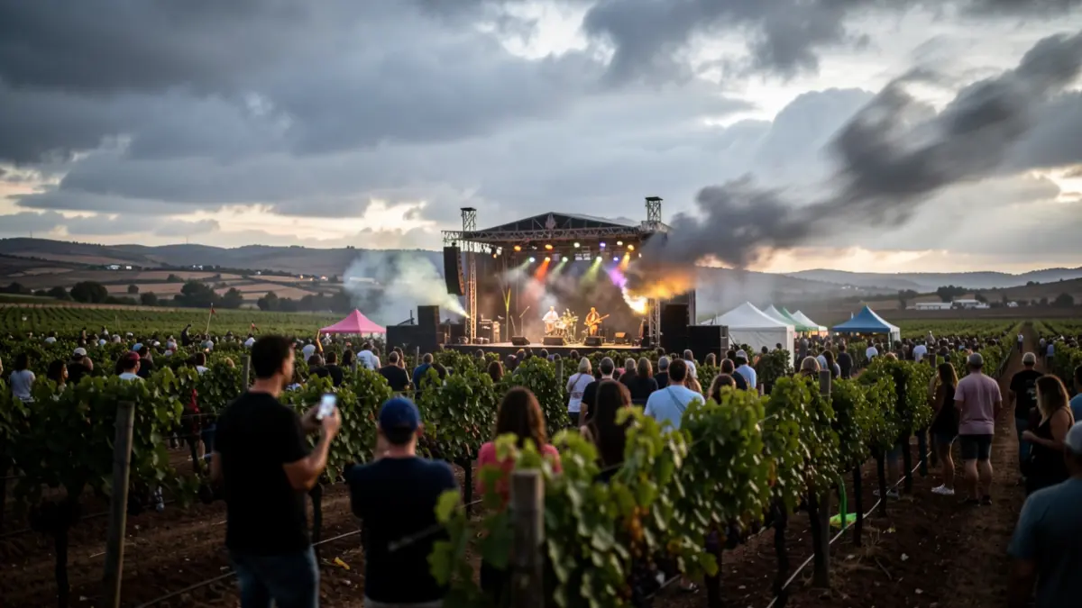 Imagen genérica de un festival de música al aire libre en un paisaje de viñedos con cielo nublado y ventoso.