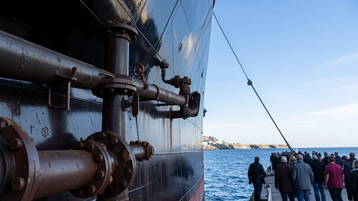 Detail of a fuel barge in the port of Las Palmas, with the sea and the Canary coast in the background.