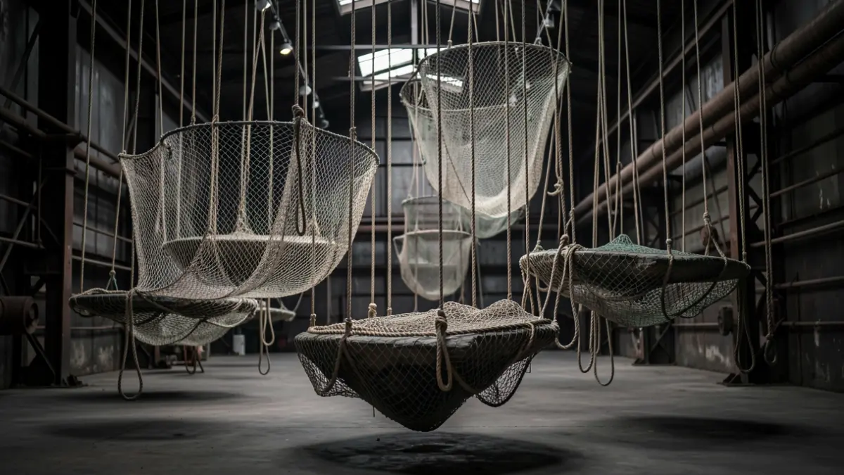 Instalación artística abstracta en un espacio industrial oscuro con redes de pesca y cabos náuticos formando islas flotantes.