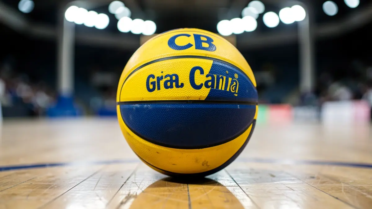 Primer plano de un balón de baloncesto con los colores del CB Gran Canaria sobre el parqué del pabellón.