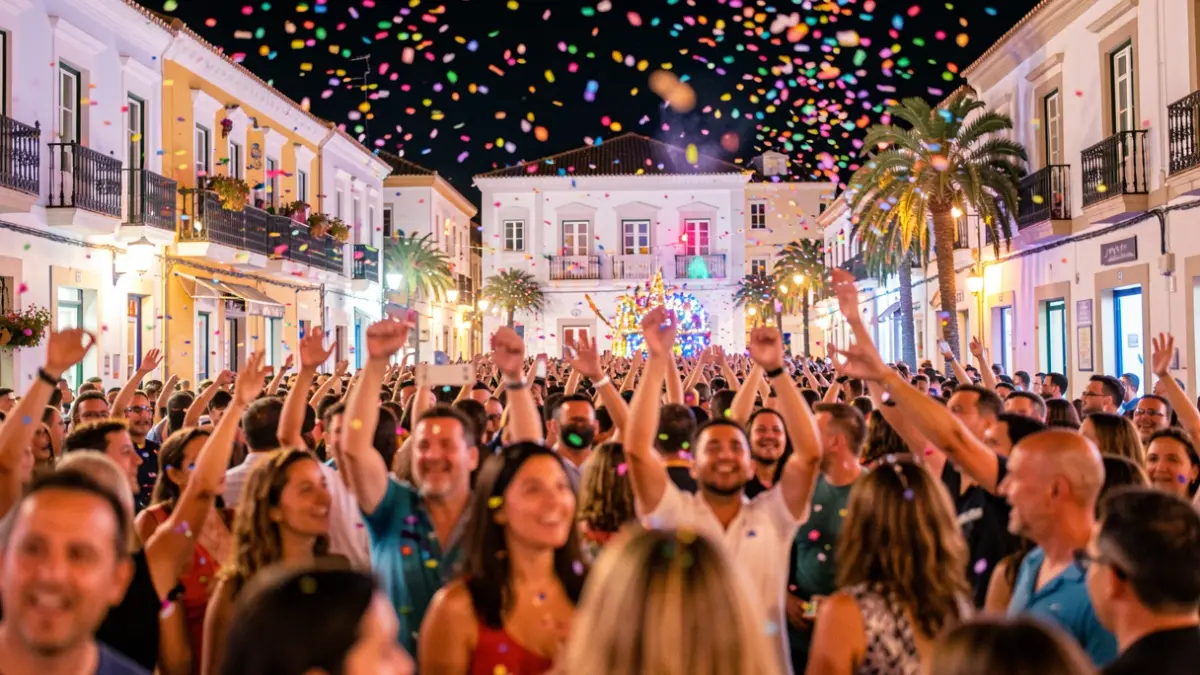 Generic image of a crowd celebrating a night carnival with colorful lights and confetti.