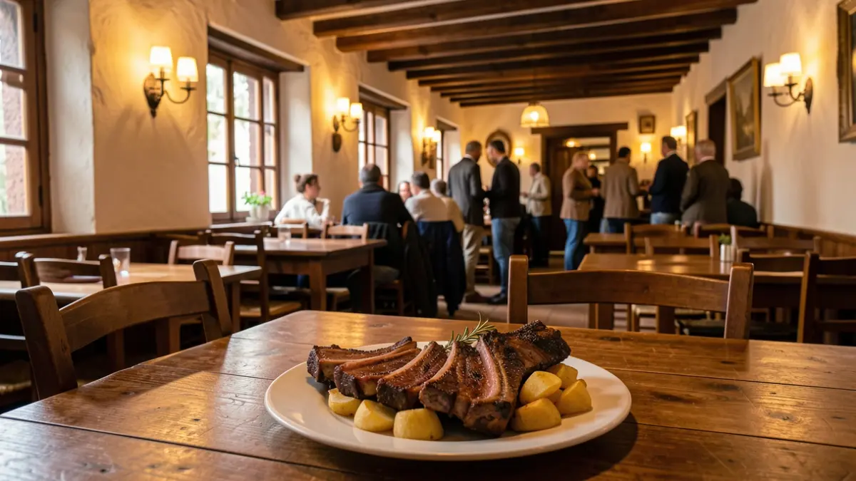 Imagen genérica de un restaurante tradicional canario con un plato de costillas con papas.