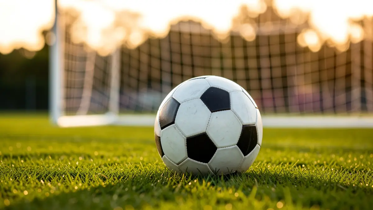 Generic image of a football on the grass with the goal blurred in the background.