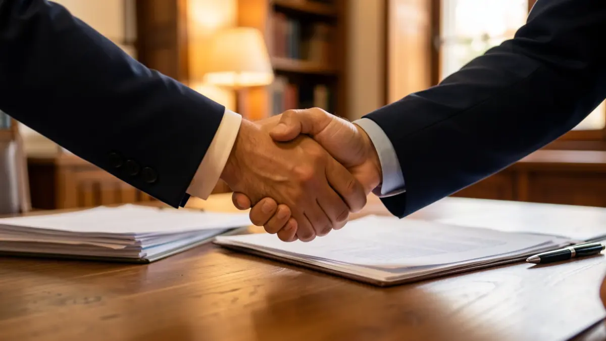 Generic image of a handshake over a desk with documents, representing a business agreement.