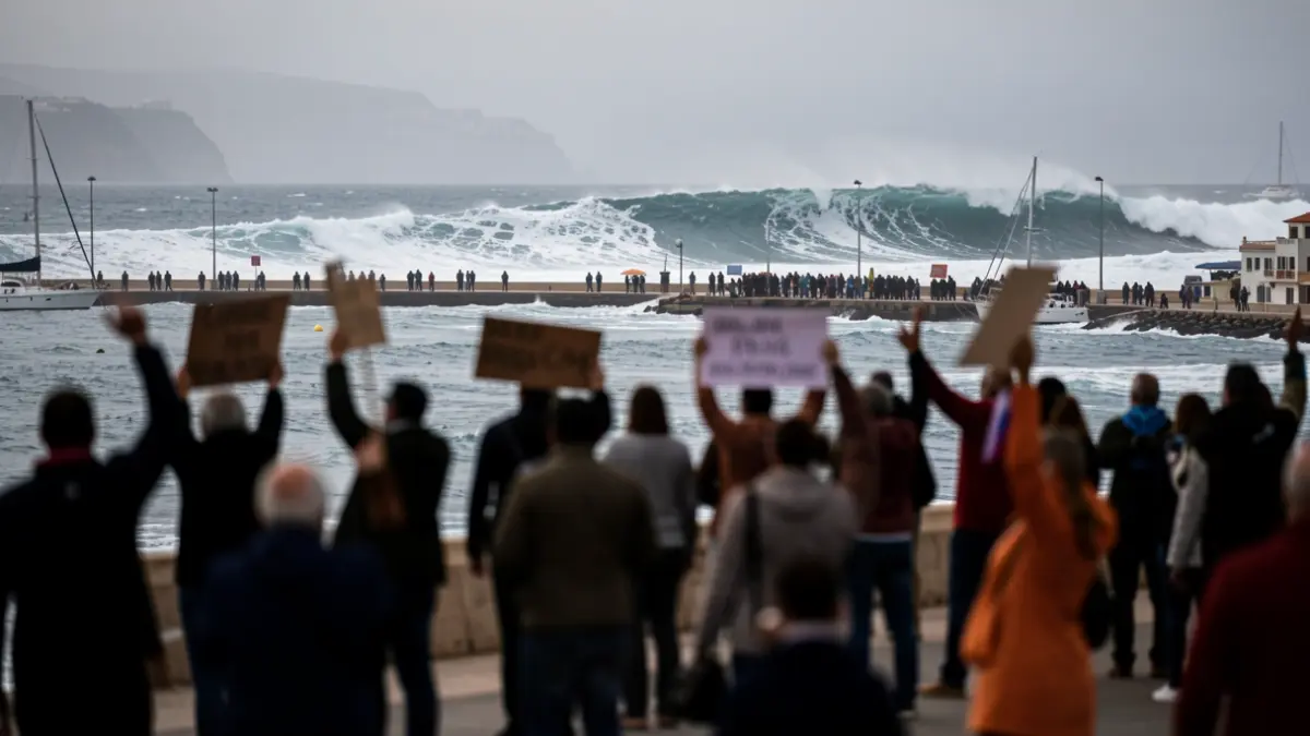 Citizen protest at the port of La Aldea against the installation of marine farms.
