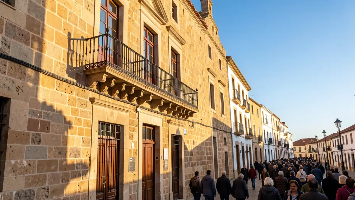 Facade of an old stone casino in Hermigua, La Gomera, with traditional architectural details and afternoon light.