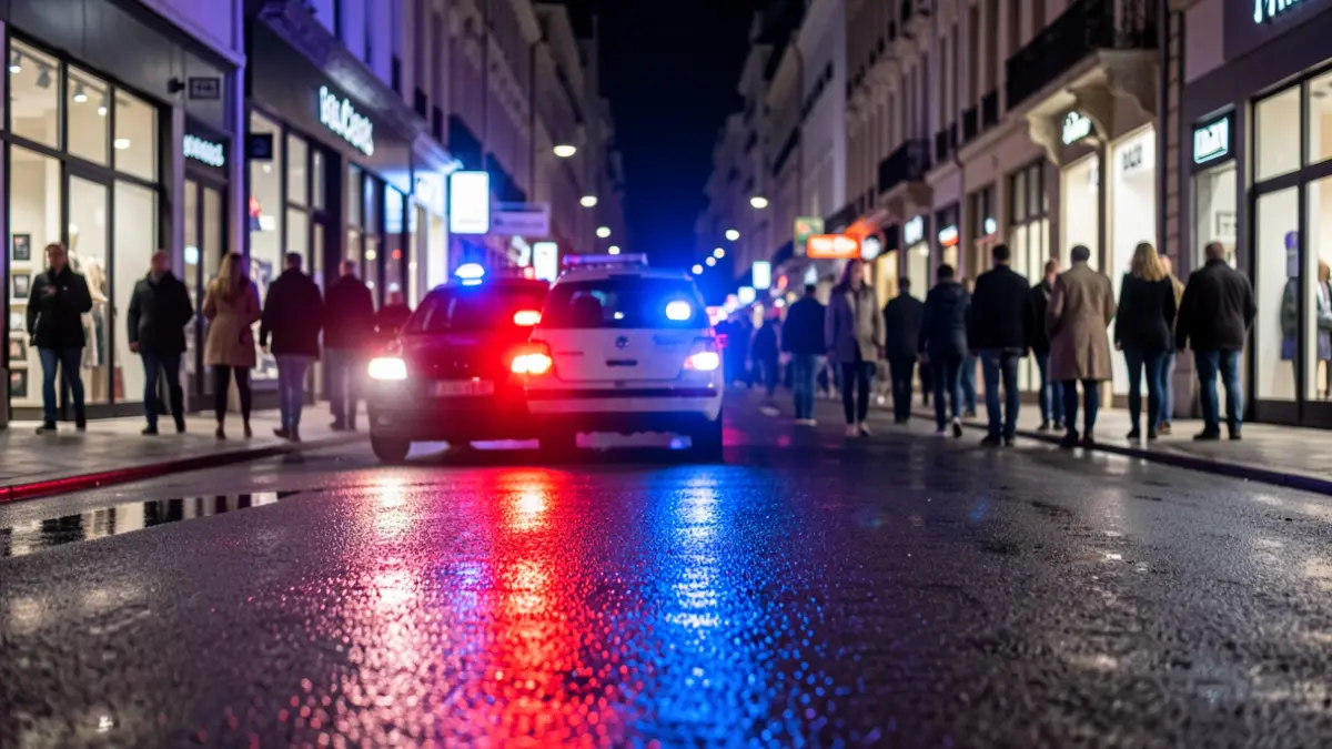 Imagen genérica de luces de emergencia policiales reflejándose en el asfalto mojado por la noche.