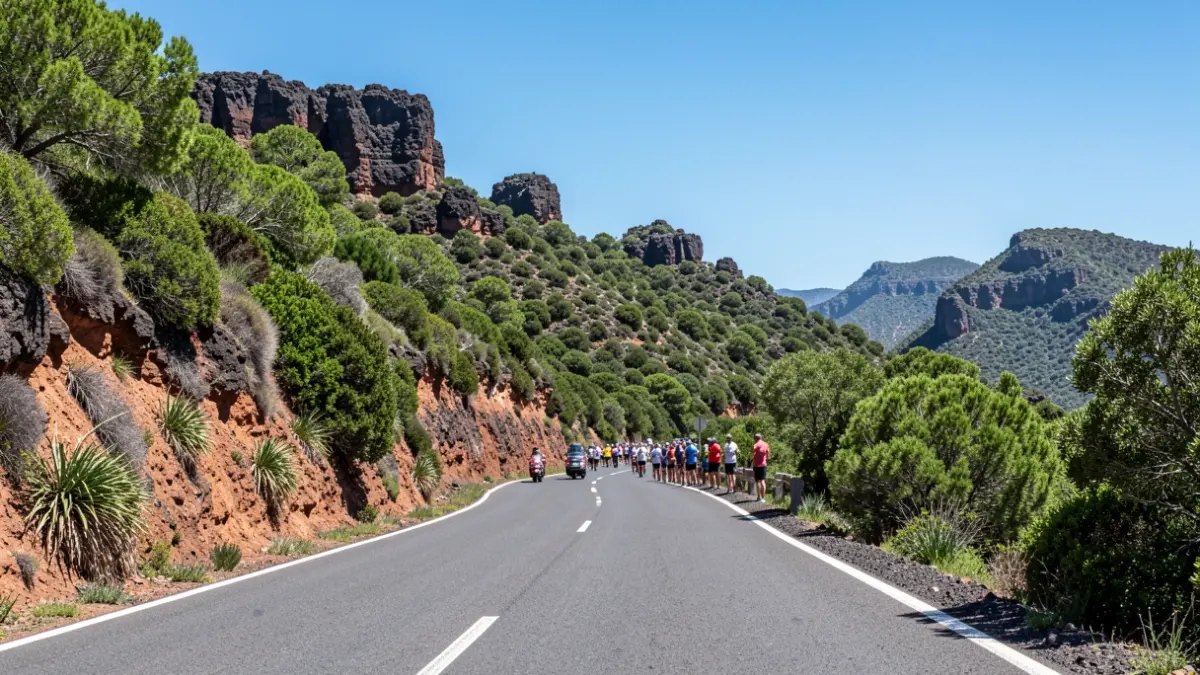 Imagen genérica de una carretera de montaña en Gran Canaria con vegetación y rocas volcánicas.