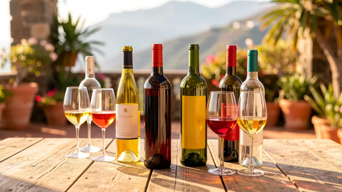 Botellas de vino canario y copas sobre una mesa de terraza soleada.