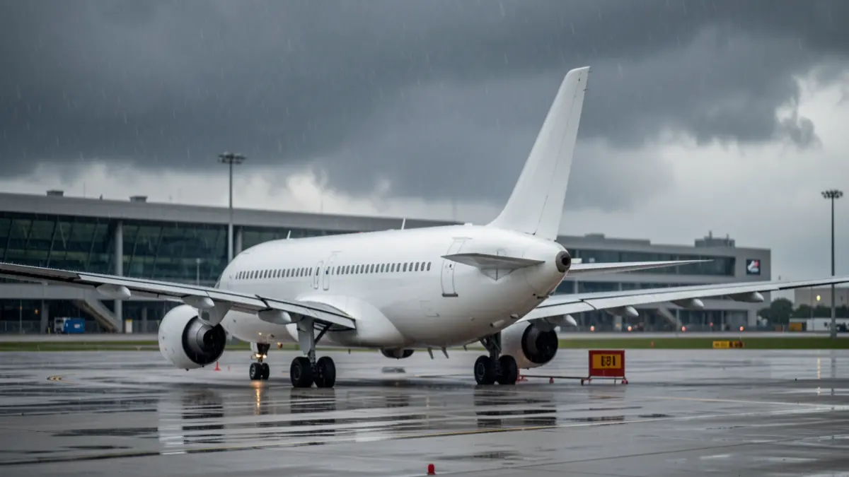 Imagen genérica de un avión aparcado en una pista bajo una tormenta.