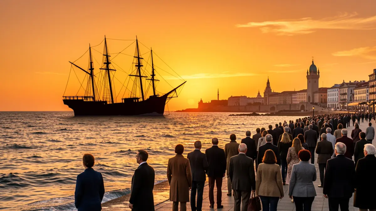 Silhouette of an old ship at sunset over the ocean, with subtle Uruguayan elements in the background, symbolizing the Canary Islands diaspora.