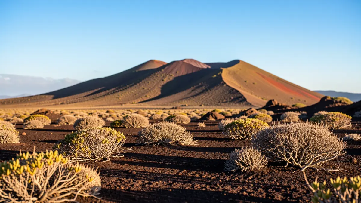 Paisaje volcánico de Lanzarote con cielo azul claro.