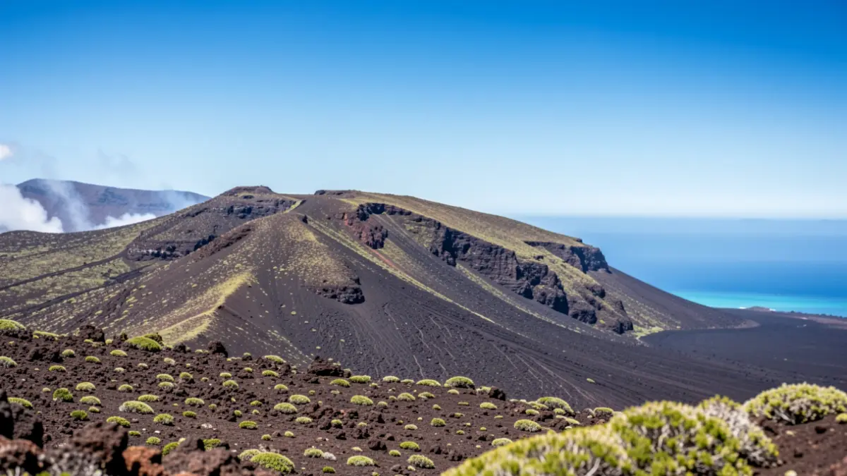 Volcanic landscape of El Hierro with rugged terrain and sparse vegetation.