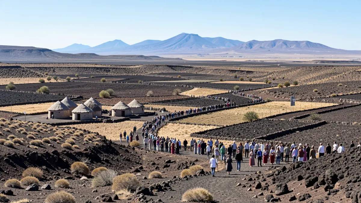 Paisaje agrícola de gavias en Fuerteventura con terreno volcánico.