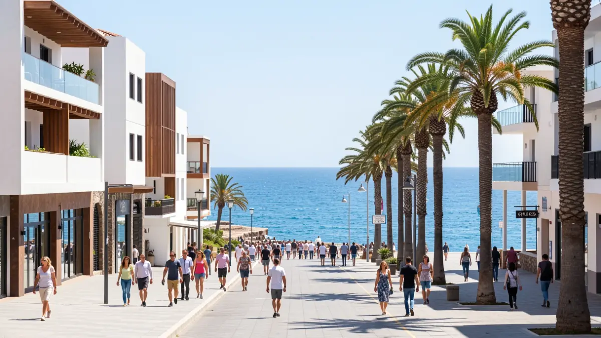Generic image of a modern seaside avenue in the Canary Islands with palm trees and the sea.