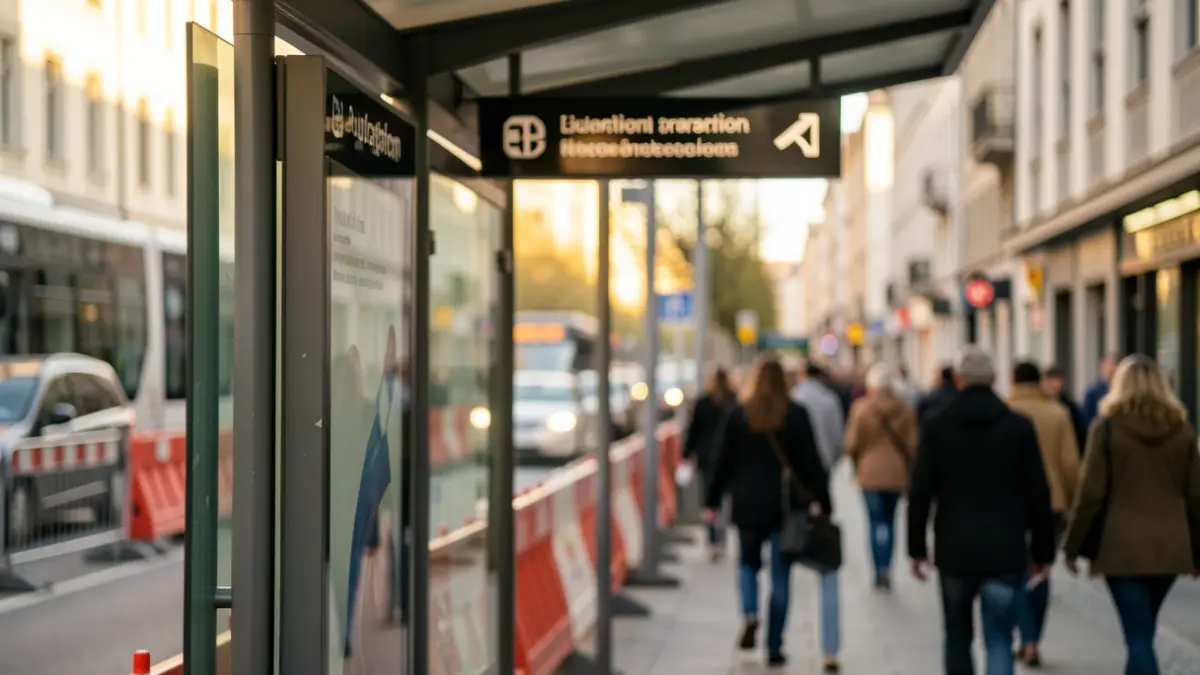 Imagen de una parada de transporte público en un entorno urbano con elementos de obra al fondo.
