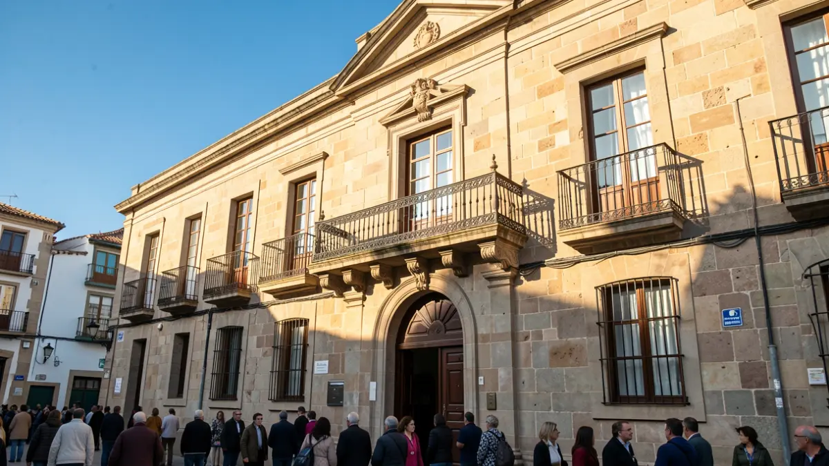 Stone facade of a Canarias town hall with ornate balcony and iron railings, warm afternoon sunlight.