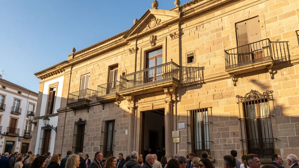 Facade of a Canarian town hall with a balcony and iron railings, afternoon sunlight.