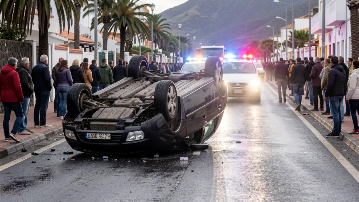 Generic image of a traffic accident with an overturned car and emergency lights.