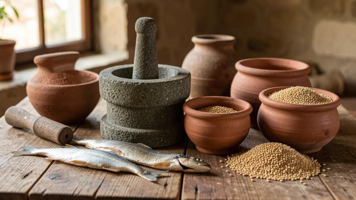 Generic image of Canarian aboriginal cooking tools and food.
