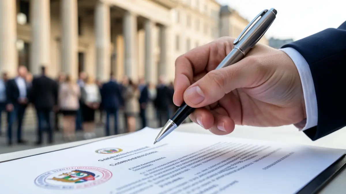 Generic image of an official document and a hand about to sign.