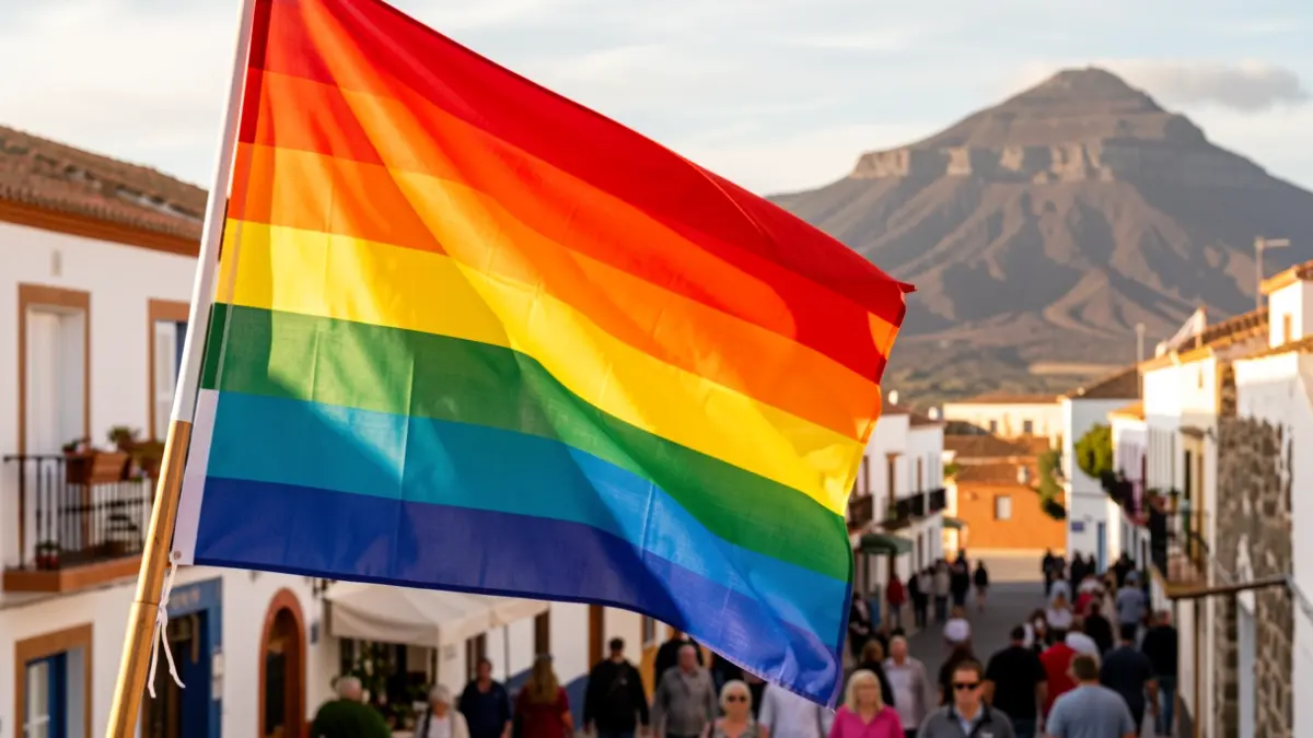 Rainbow flag unfurling against traditional Canary Islands architecture.