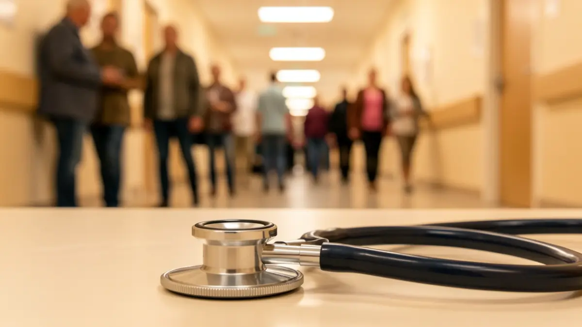 Imagen genérica de un estetoscopio sobre un fondo de hospital desenfocado en Lanzarote.