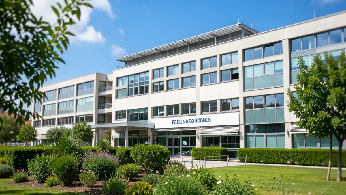 Imagen genérica de un hospital moderno con fachada limpia y entorno verde.