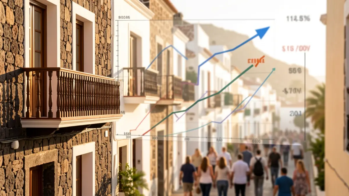 Generic image of Canarian architectural elements with hints of economic data.