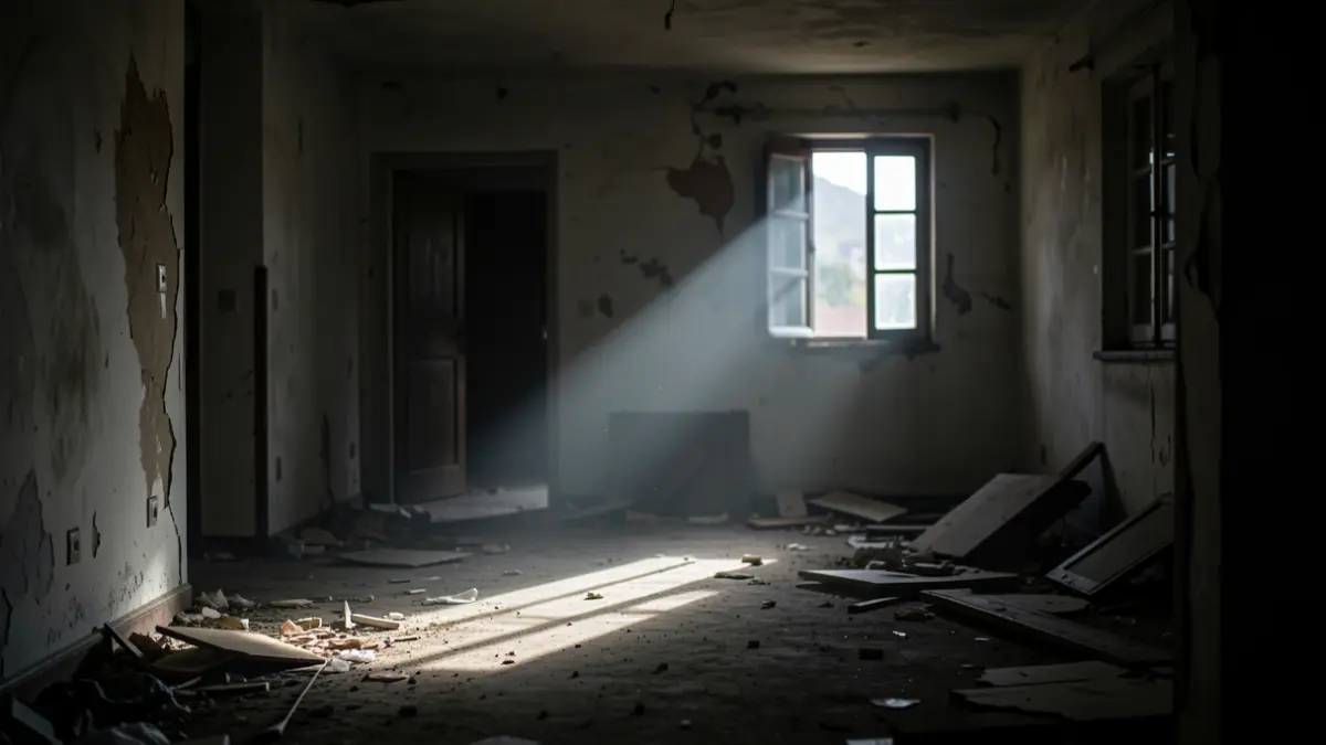 Imagen genérica de un interior de casa abandonada en Tenerife con luz tenue.
