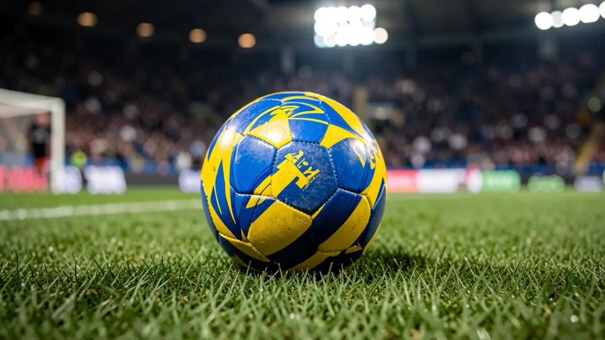 Generic image of a soccer ball on grass with blurred stadium lights.