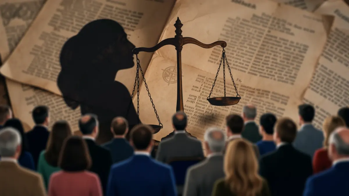 Imagen genérica de justicia y engaño con elementos religiosos y legales.