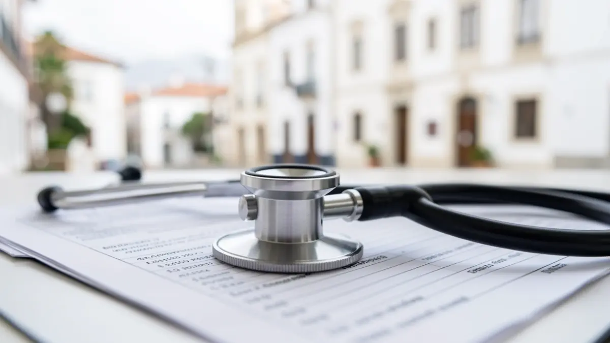 Primer plano de un estetoscopio médico sobre un historial clínico borroso, con sutiles toques de arquitectura canaria al fondo.
