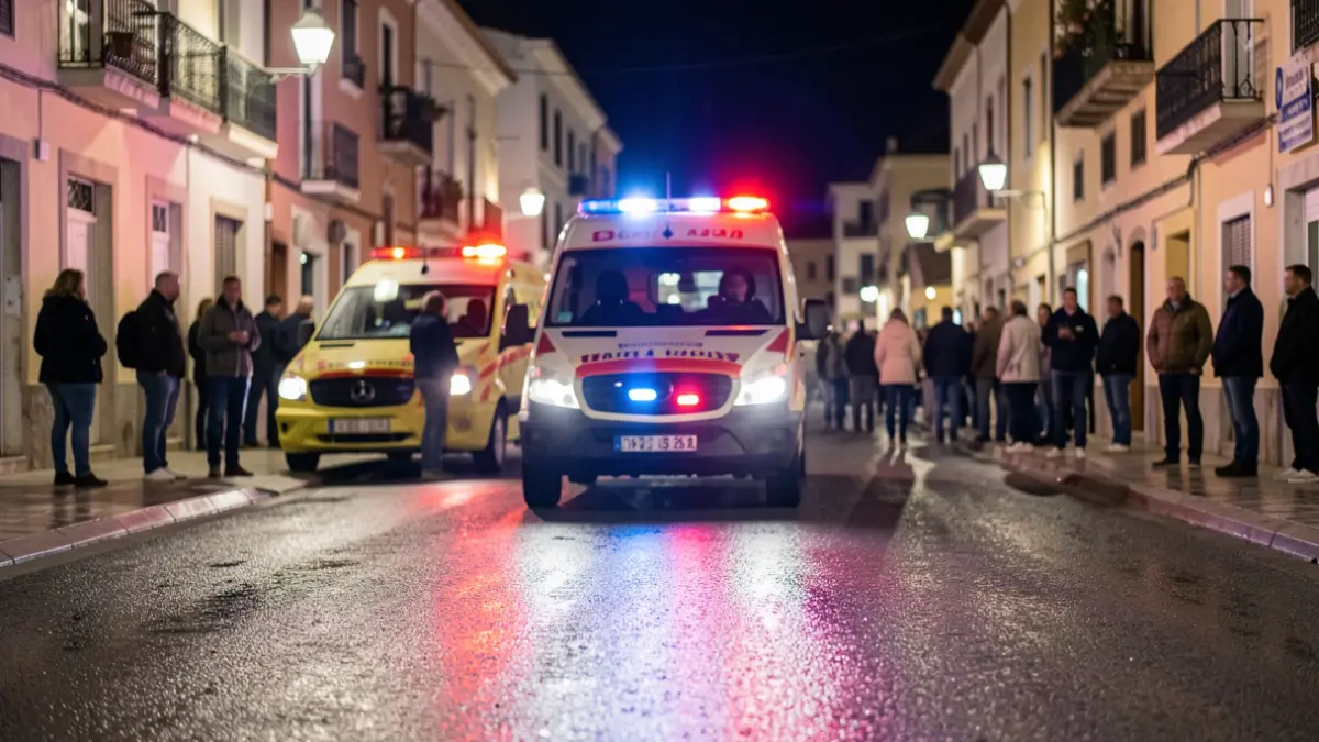 Generic image of ambulance lights reflecting on wet asphalt at night.