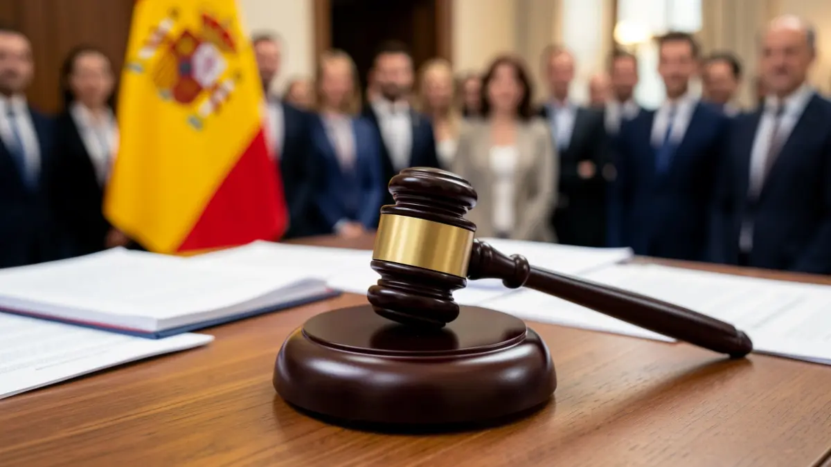 Imagen genérica de un mazo de juez sobre un escritorio con documentos legales y una bandera de España desenfocada.