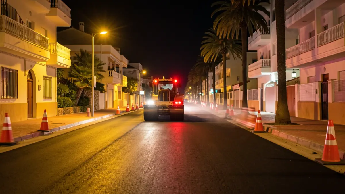 Nighttime asphalt paving work on a street in Guanarteme, Las Palmas de Gran Canaria, with machinery and construction signage.