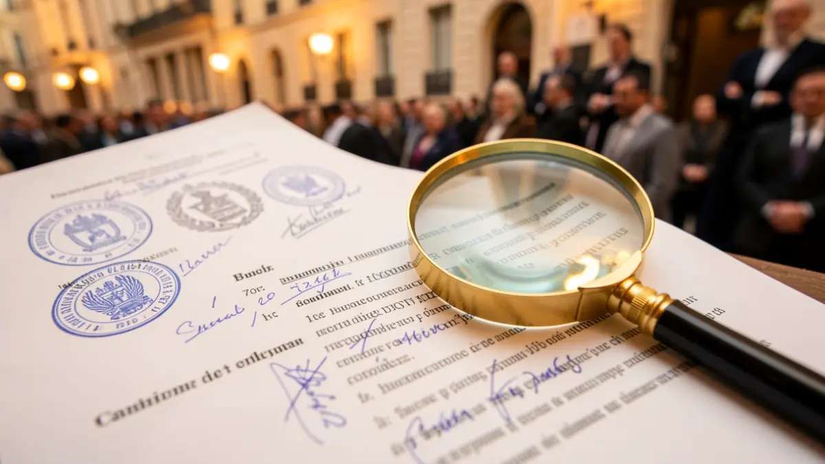 Primer plano de un documento legal con sellos oficiales y anotaciones manuscritas, una lupa sobre una sección de texto.