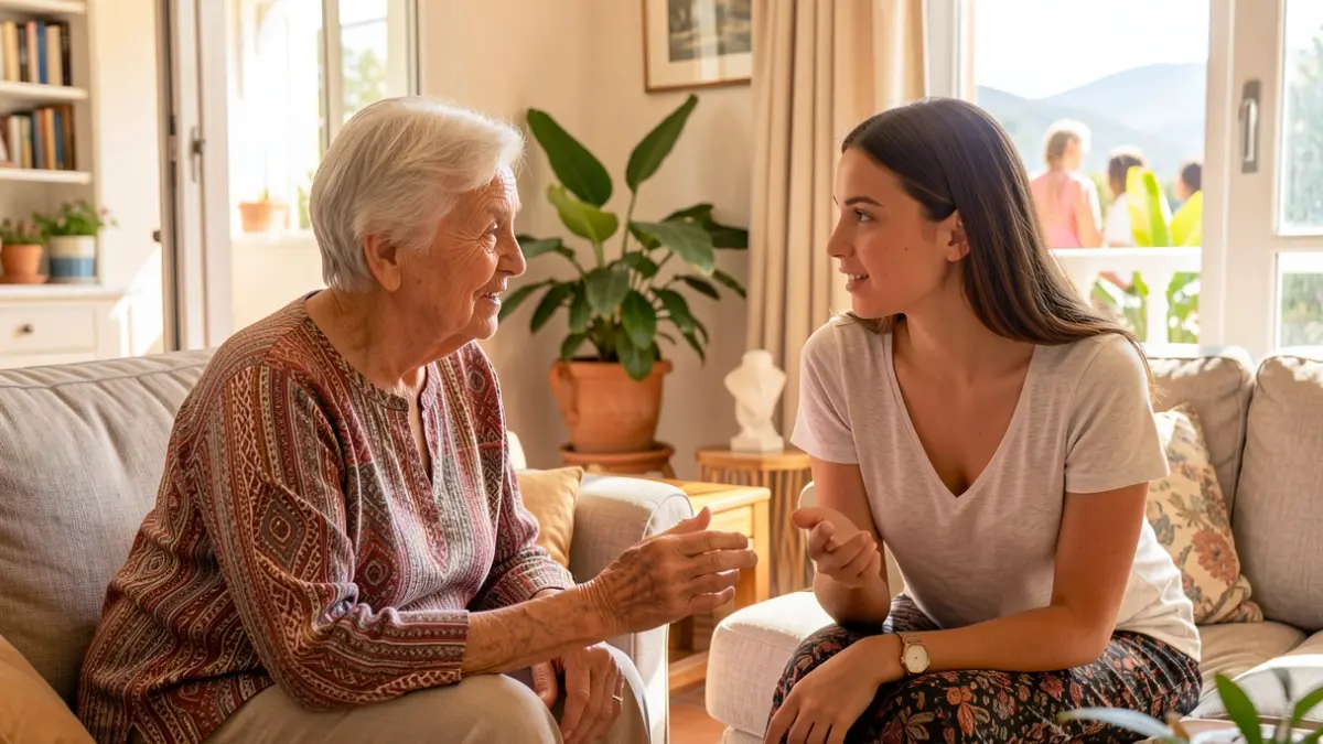 Generic image of two women of different generations sharing a moment of conversation in a living room.