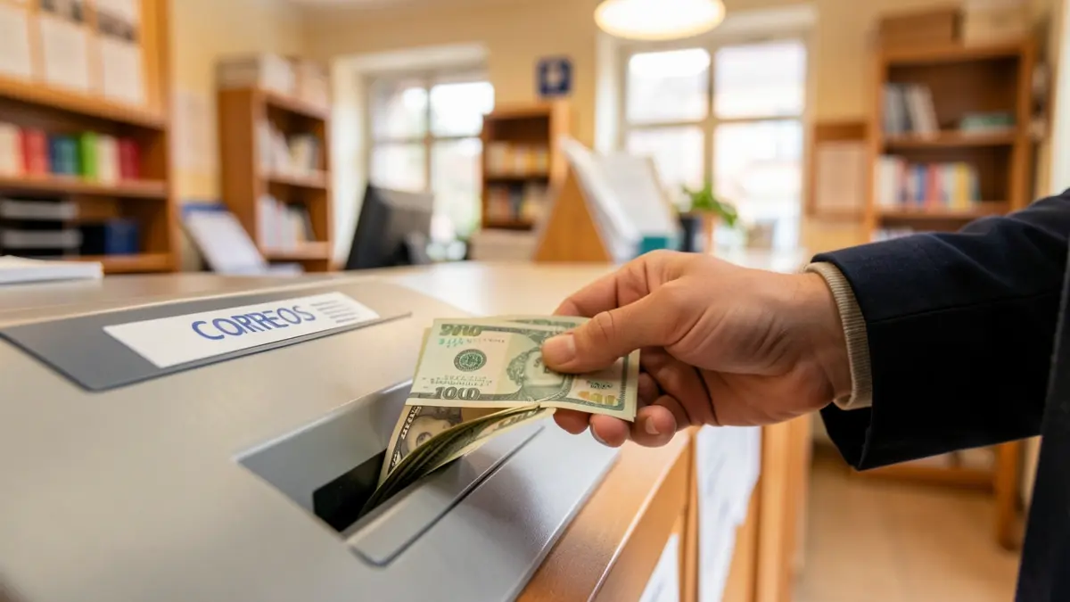 Generic image of a hand making a cash deposit at a Correos office.