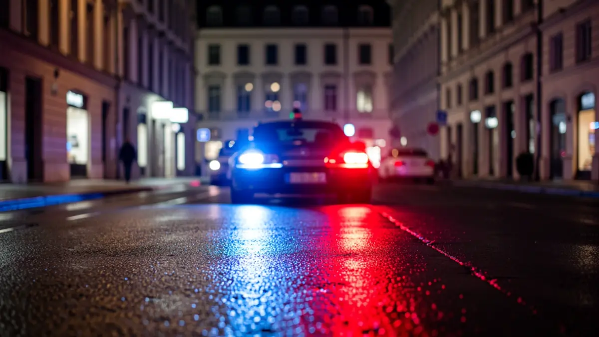 Imagen genérica de luces de emergencia policiales reflejándose en el asfalto mojado por la noche.