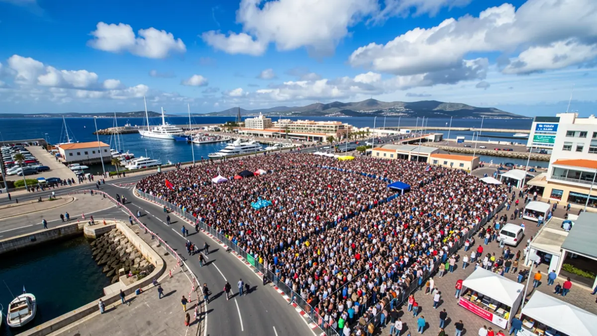 Aerial view of the Santa Cruz de Tenerife port area with roads cordoned off and a large crowd gathered for an event.