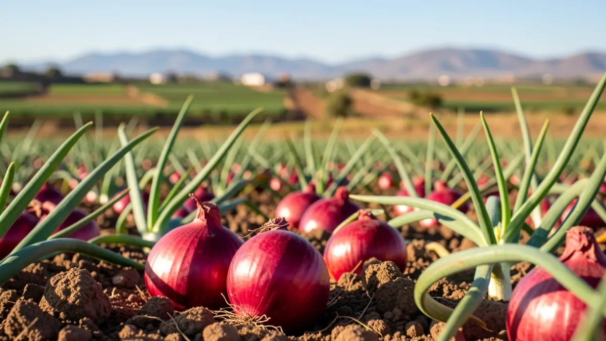 Harvest of red onions in a field in Gáldar, Gran Canaria.