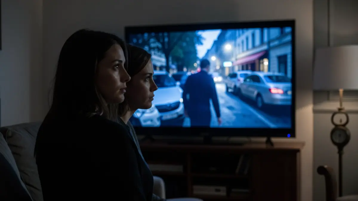 Image of a tense couple looking in opposite directions in front of a television screen displaying a crime scene.