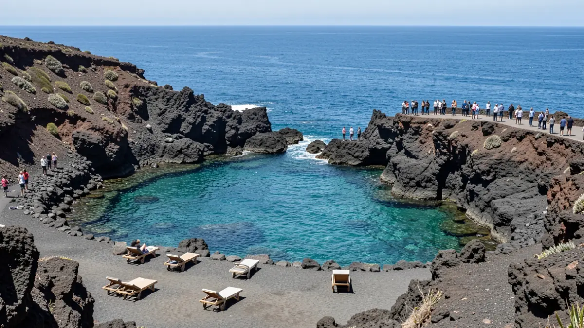 Imagen genérica de una cala protegida en El Hierro con formaciones rocosas volcánicas y aguas cristalinas.