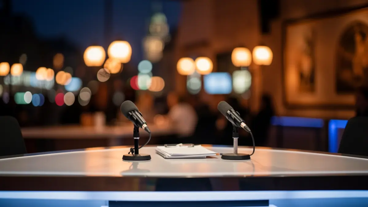 Generic image of a television studio with a presenter's desk and background lights.